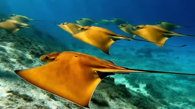 Slow motion shot of a group of Golden cownose ray fish swimming