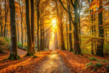 Sunlit autumn path through golden forest. (2)
