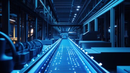 Naklejka premium Illuminated Conveyor Belt System In Modern Factory