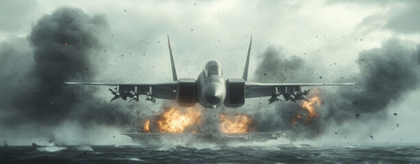Military jet attacks burning aircraft carrier; dramatic aerial combat scene.