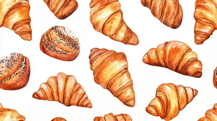Watercolor Croissant and Bread Pattern Design
