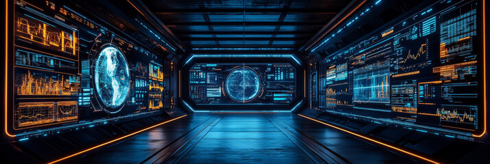 Obraz premium Futuristic corridor with glowing data screens displaying global information.