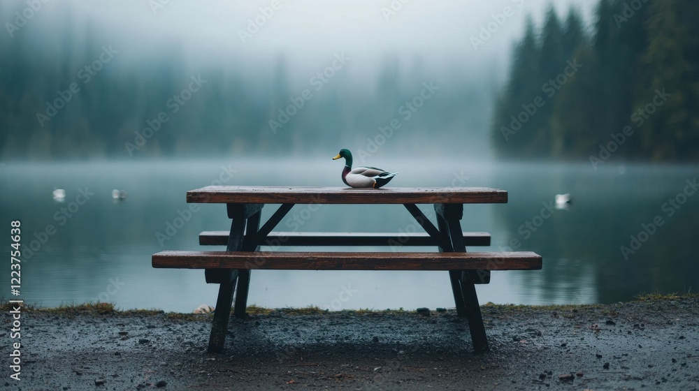 Aufkleber decoy duck resting on picnic table by misty lake
