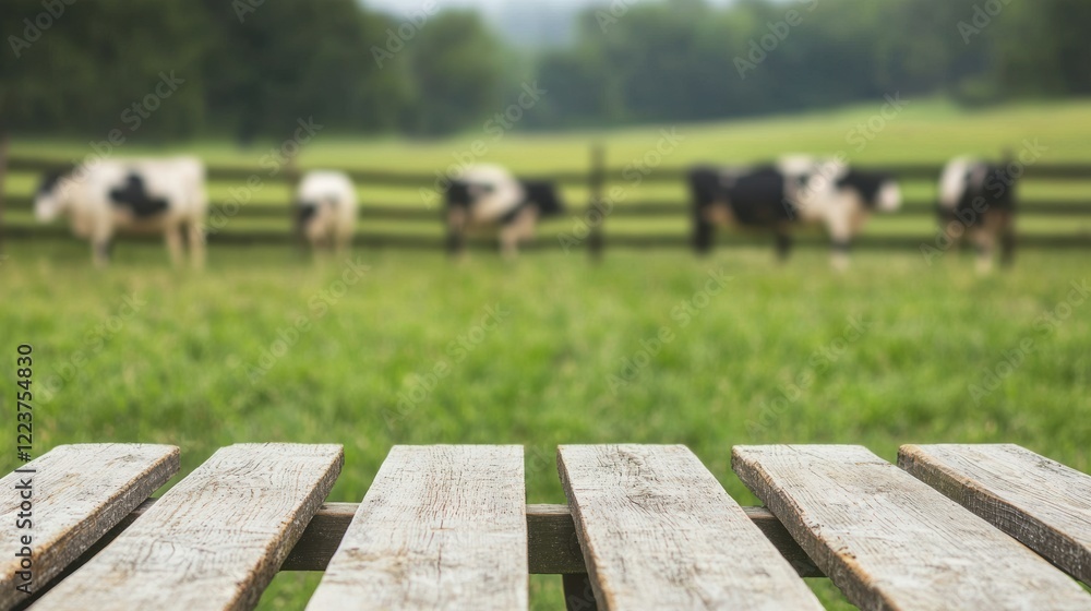 Poster empty picnic table inviting to a countryside meal with cows grazing in background