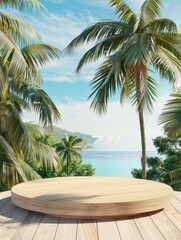 Fototapeta premium A rustic wooden podium stands on a wooden deck, surrounded by a lush tropical landscape of palm trees and dense foliage, overlooking a tranquil ocean scene.