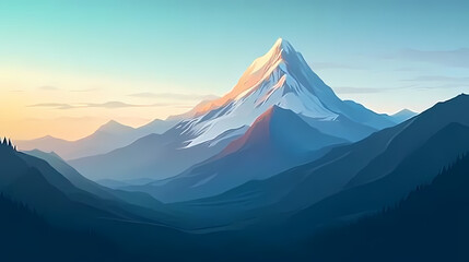 Fototapeta premium Majestic mountain scene showcasing a snow-capped peak at sunrise, surrounded by tranquil skies and lush landscapes. Whispering Peak. Illustration