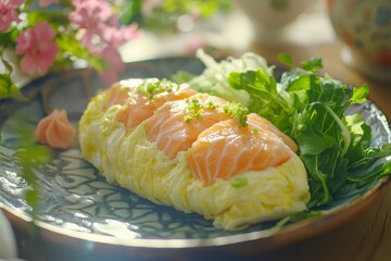 A photo of an omelet with with salad Iceberg, salmon and greens.