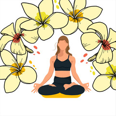 Woman faceless doing yoga exercises, practicing meditation in lotus position with plumeria, frangipani. Internatinal yoga's day