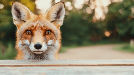 Fototapeta premium Curious fox peering over wooden table in forest