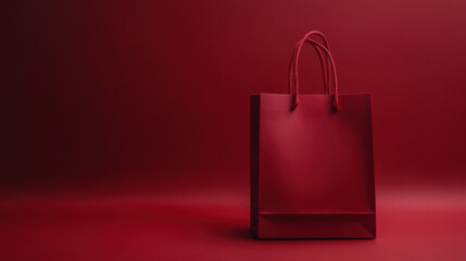 Elegant Red Paper Shopping Bag on a Vibrant Deep Red Background, Copyspace