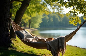 Person resting in a hammock near a lake. Book and journal are next to them. Peaceful natural setting with trees and water. Relaxing summer scene. Ideal for wellness retreats or digital detox.