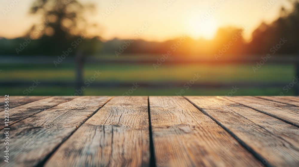Poster empty rustic wooden table with blurred farm background at sunset