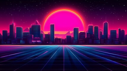 Obraz premium Nighttime urban skyline illuminated by vibrant neon lights under a glowing horizon in a futuristic setting
