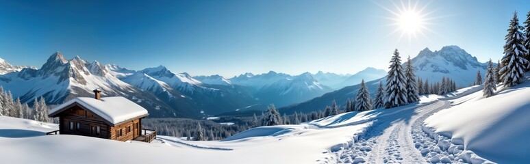 Snowy alpine landscape in Austria. Wooden chalet sits on snowy hill. Vast snowy peaks, blue sky. Winter wonderland. Perfect for winter sports, recreation. Breathtaking scenery. Sunny day. Wonderful