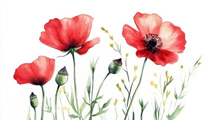 Fototapeta premium Watercolor Red Poppies in a Delicate Botanical Illustration
