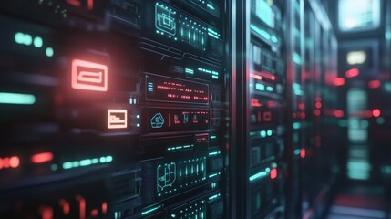 Obraz premium Futuristic Server Rack Displays Data Processing