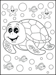 Illustration of a cute baby turtle cartoon character. Black and white Printable underwater coloring page for kids.
