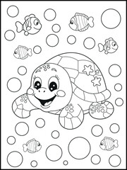 Fototapeta premium Illustration of a cute baby turtle cartoon character. Black and white Printable underwater coloring page for kids. 