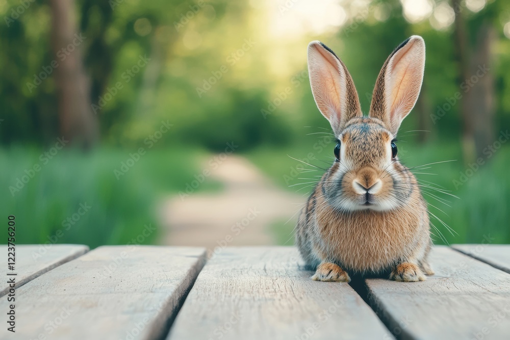 Poster cute rabbit resting on a wooden table in a tranquil forest