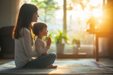Christian family praying together concept. Child and mother worship God in home.