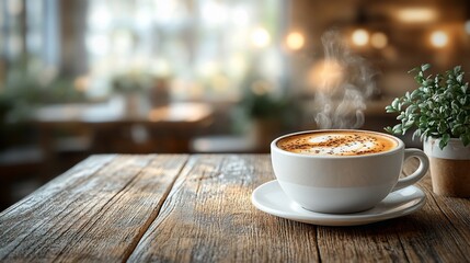 Aromatic Cappuccino on Rustic Wooden Table in Cozy Cafe