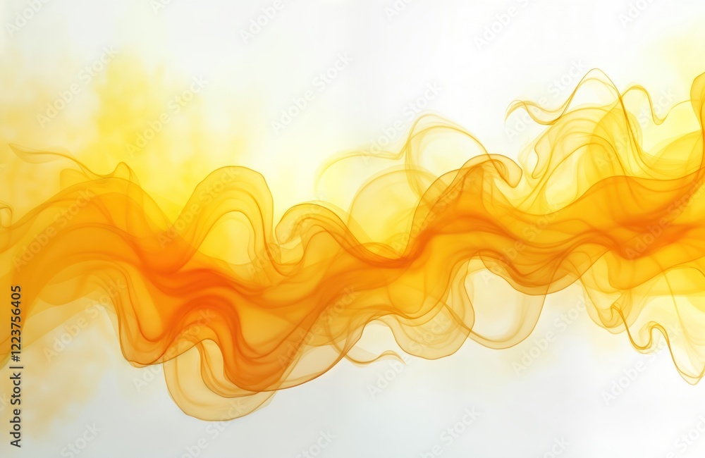 Poster abstract yellow smoke flows elegantly against white background. dynamic swirls, streams of yellow sm