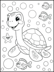 Illustration of a cute baby turtle cartoon character. Black and white Printable underwater coloring page for kids.
