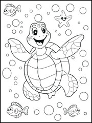 Illustration of a cute baby turtle cartoon character. Black and white Printable underwater coloring page for kids.
