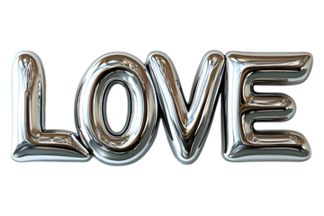 LOVE silver inscription in shiny metal style isolated. LOVE balloons, valentine's day, decor for a loved one. Generated with AI.