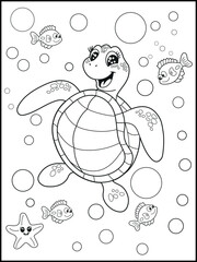 Illustration of a cute baby turtle cartoon character. Black and white Printable underwater coloring page for kids.
