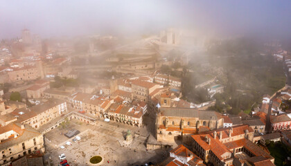 Bird's eye view of misty Trujillo, Extremadura, Spain.
