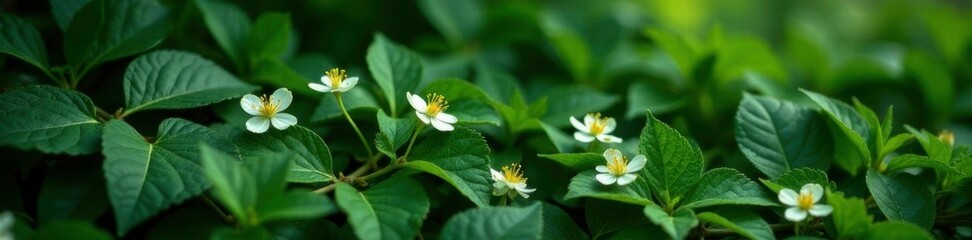 Small white flowers blooming among the dense ivy foliage, ivy, vegetation, plant