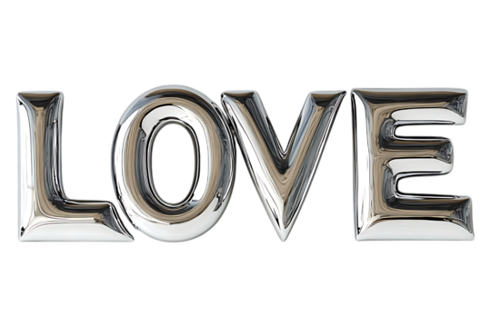 LOVE silver inscription in shiny metal style isolated. LOVE balloons, valentine's day, decor for a loved one. Generated with AI.