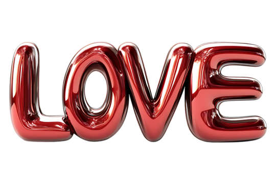 LOVE red inscription in shiny metal style isolated. LOVE balloons, valentine's day, decor for a loved one. Generated with AI.