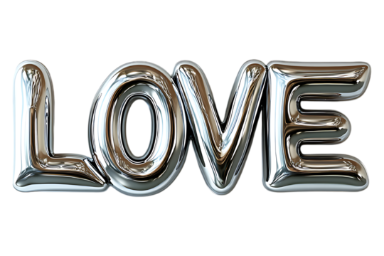 LOVE silver inscription in shiny metal style isolated. LOVE balloons, valentine's day, decor for a loved one. Generated with AI.