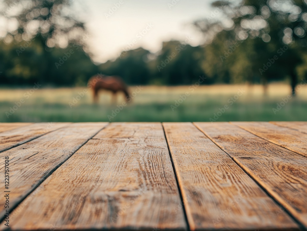 Poster empty wooden table with blurred horse grazing in the background