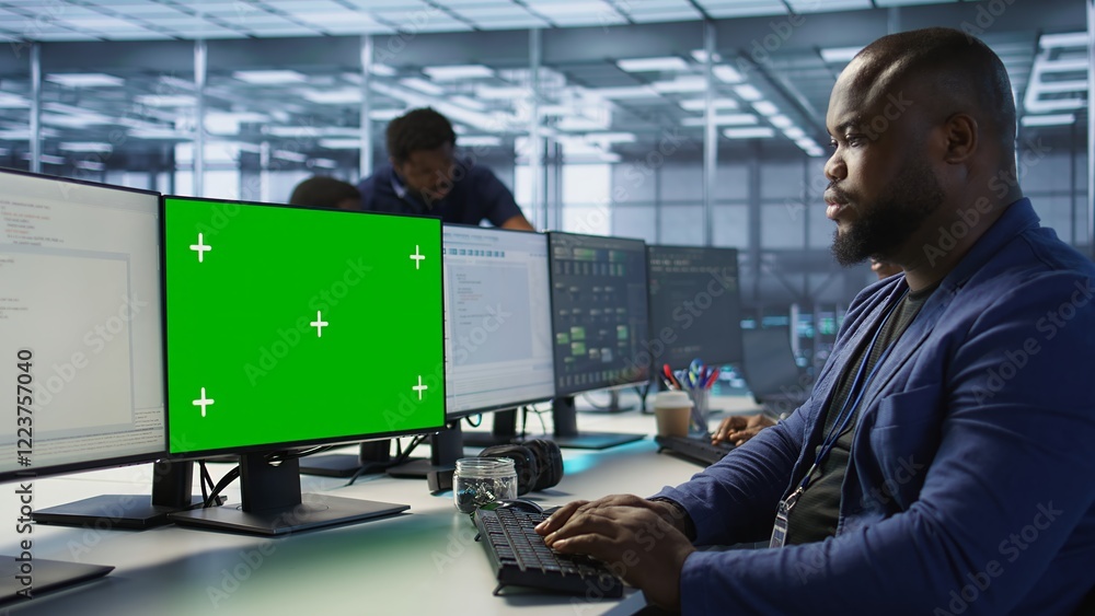 Poster african american data center admin using mockup pc, maintaining company network infrastructure. man 