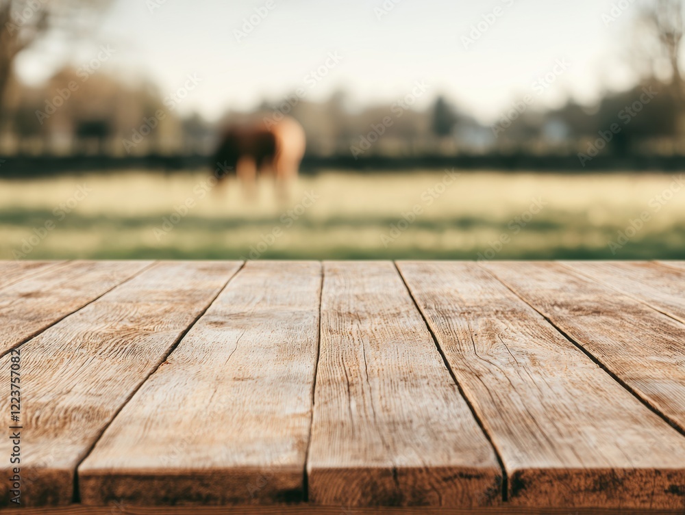 Poster empty wooden table with blurred horse grazing in the background