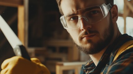 A close-up shot of a carpenter in safety glasses and gloves, holding a saw and looking directly at the camera, with woodwork in the background