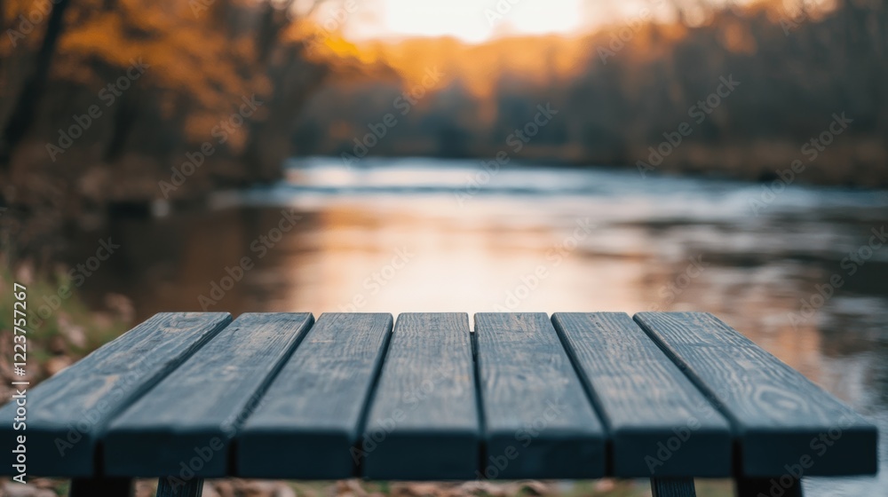 Aufkleber empty wooden table by the stream with blurred fish jumping in background at sunset