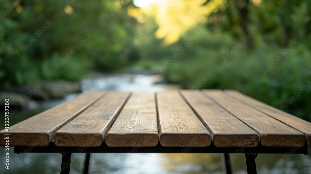 Aufkleber empty wooden table by stream with blurred fish jumping in background