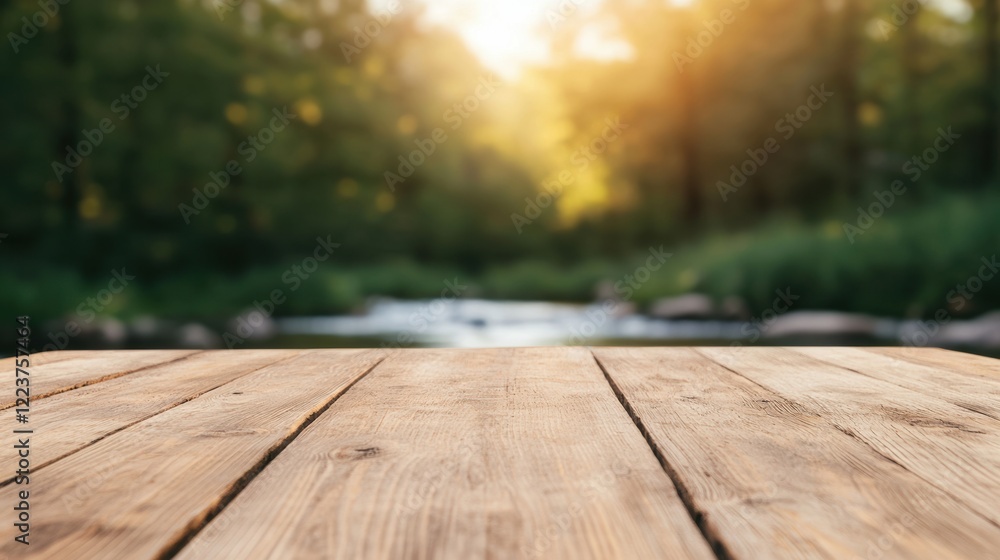 Poster empty wooden table by a stream with blurred fish jumping in background and warm sunlight
