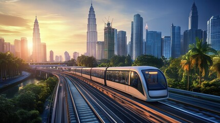 Fototapeta premium Modern Train Traveling Through a City at Sunrise