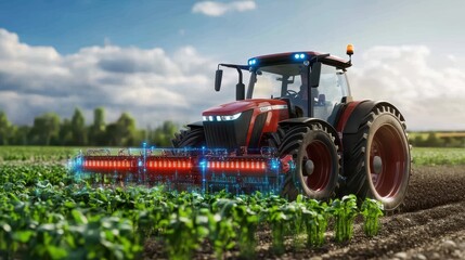 Fototapeta premium Modern Tractor Cultivating a Lush Green Field