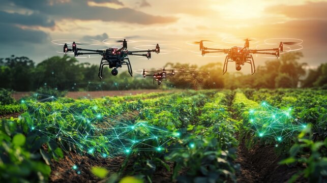 Drones surveying a lush green agricultural field