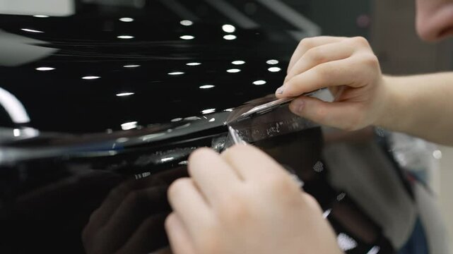 Professional mechanic carefully applying vinyl wrap to vehicle body in auto workshop, transforming car surface with precision detailing technique