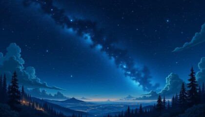 Naklejka premium Milky Way Night Sky Over City and Forest Landscape