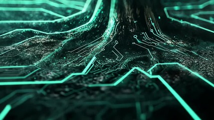 Intricate circuitry design showcases technology's connection to nature in a vibrant green aesthetic