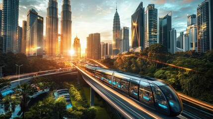 Fototapeta premium Futuristic Train Speeds Through Modern Cityscape at Sunset