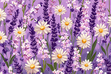 Vibrant floral pattern featuring daisies and lavender on a soft purple background, ideal for textiles